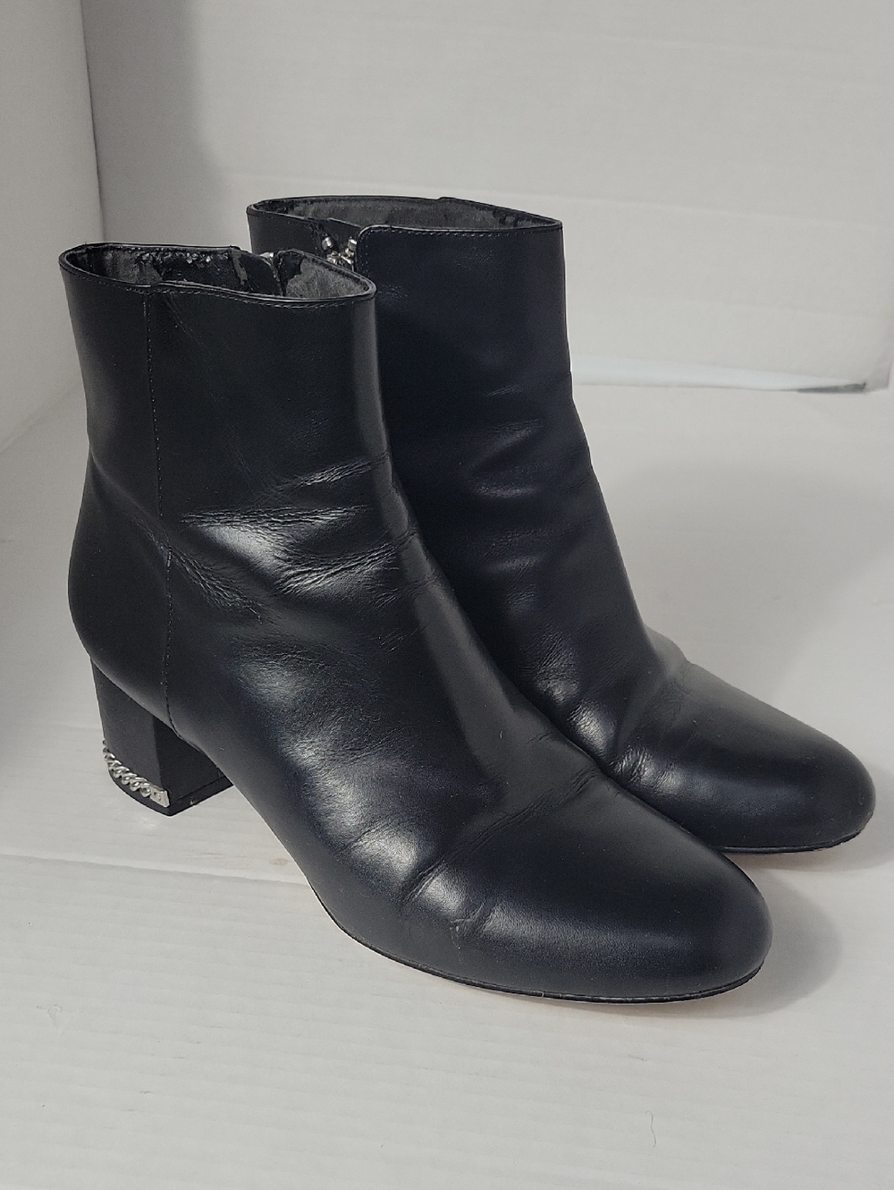 Michael Kors Black Leather Ankle Boots with Gem-Trim Block Heel